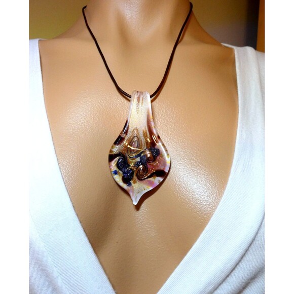 LRG Murano Hand Blown Glass Pendant Copper Gold Indigo Brown Champagne - Picture 4 of 7